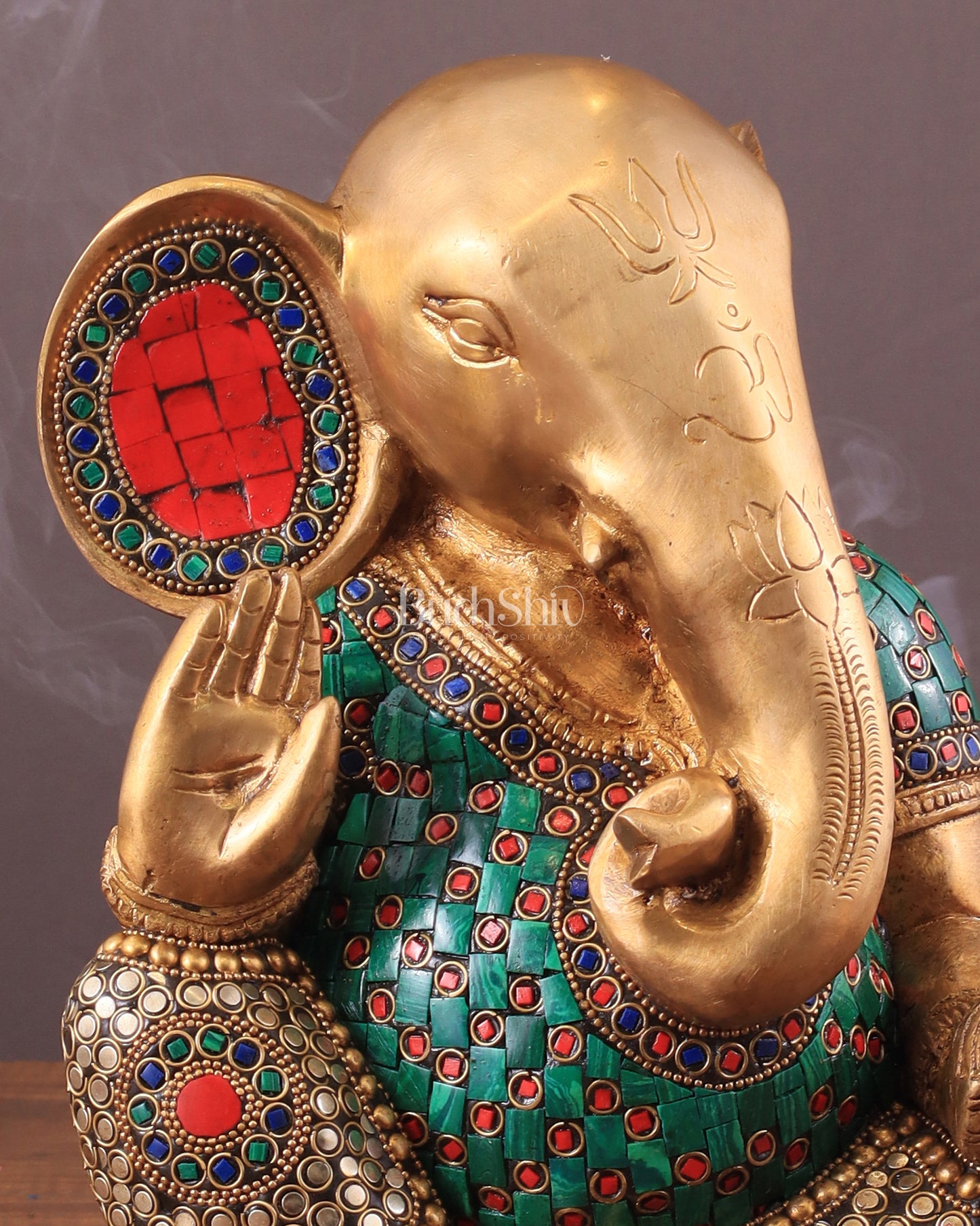 Pure Brass Modern Ganesha Idol with Abstract Design and Stonework 9.5"