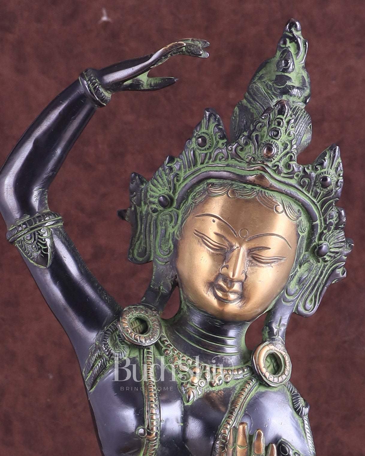 Pure Brass Dancing Tara Devi Maya Buddhist Sculpture - 20" Tall black green tone