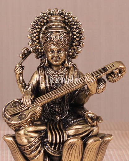 Brass Superfine Saraswati Idol - 4 Inch lotus base