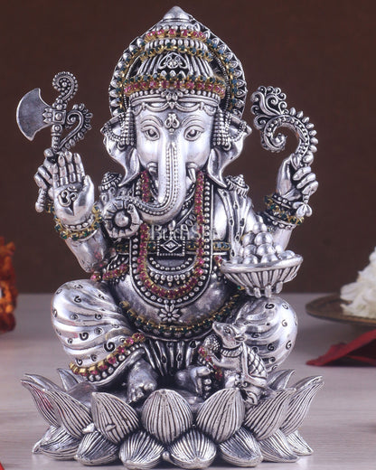 Silver plated Brass Superfine Intricately Carved Small Right trunk Ganesha Idol - 5" Tall