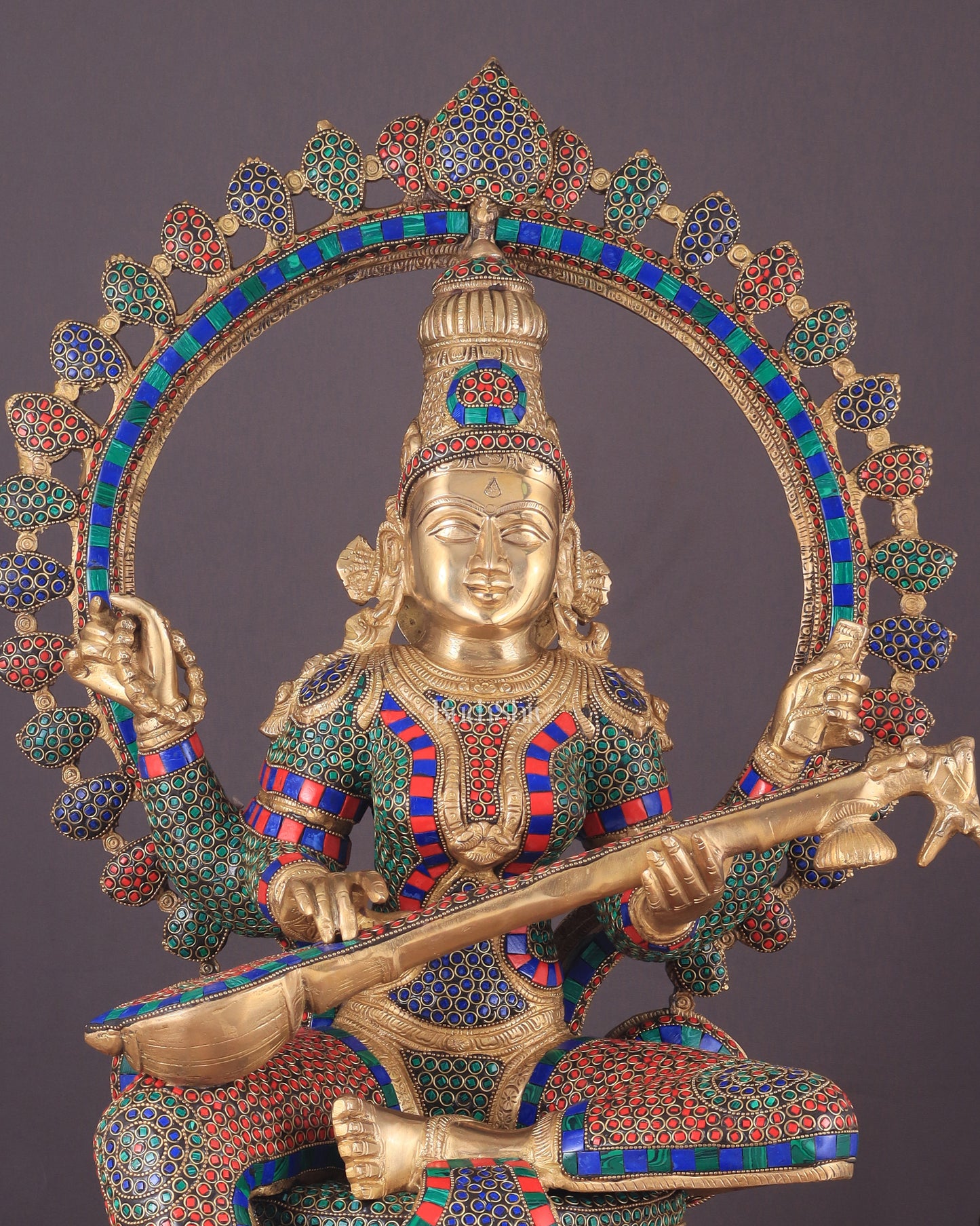 Pure Brass Large Saraswati Devi Statue with Meenakari Stonework – 27"