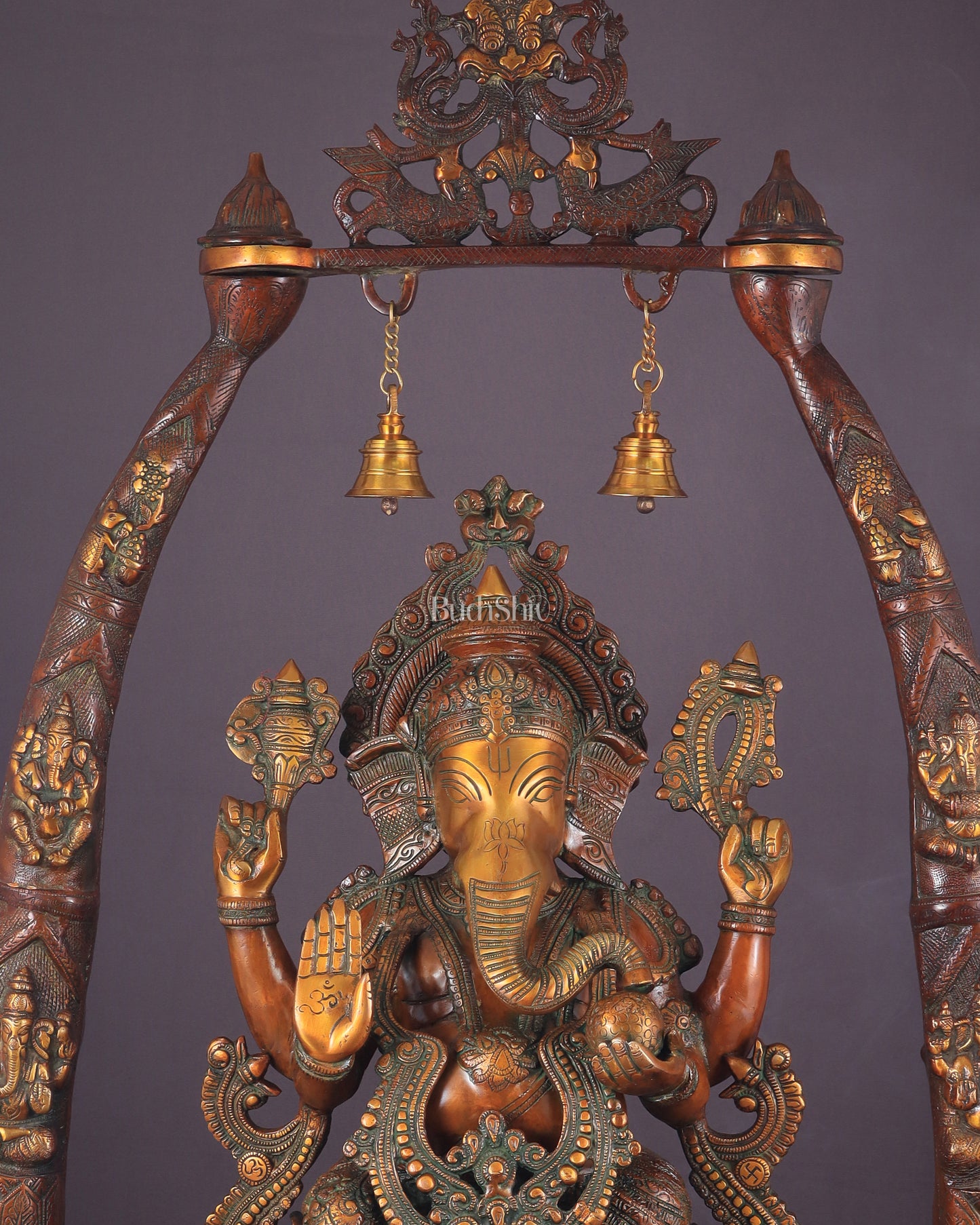 Majestic Brass Vintage Lord Ganesha Sculpture with Engraved Pillars - 35 Inch