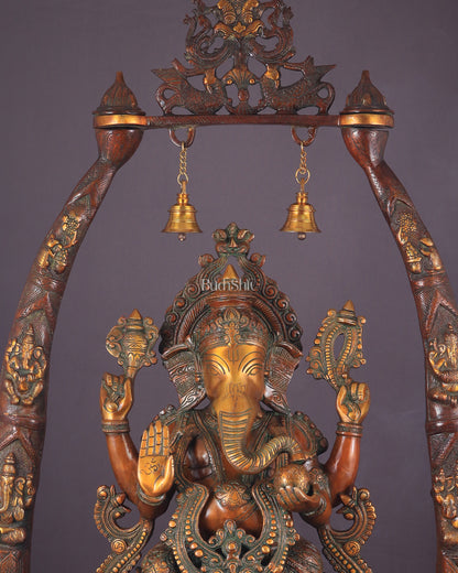 Majestic Brass Vintage Lord Ganesha Sculpture with Engraved Pillars - 35 Inch