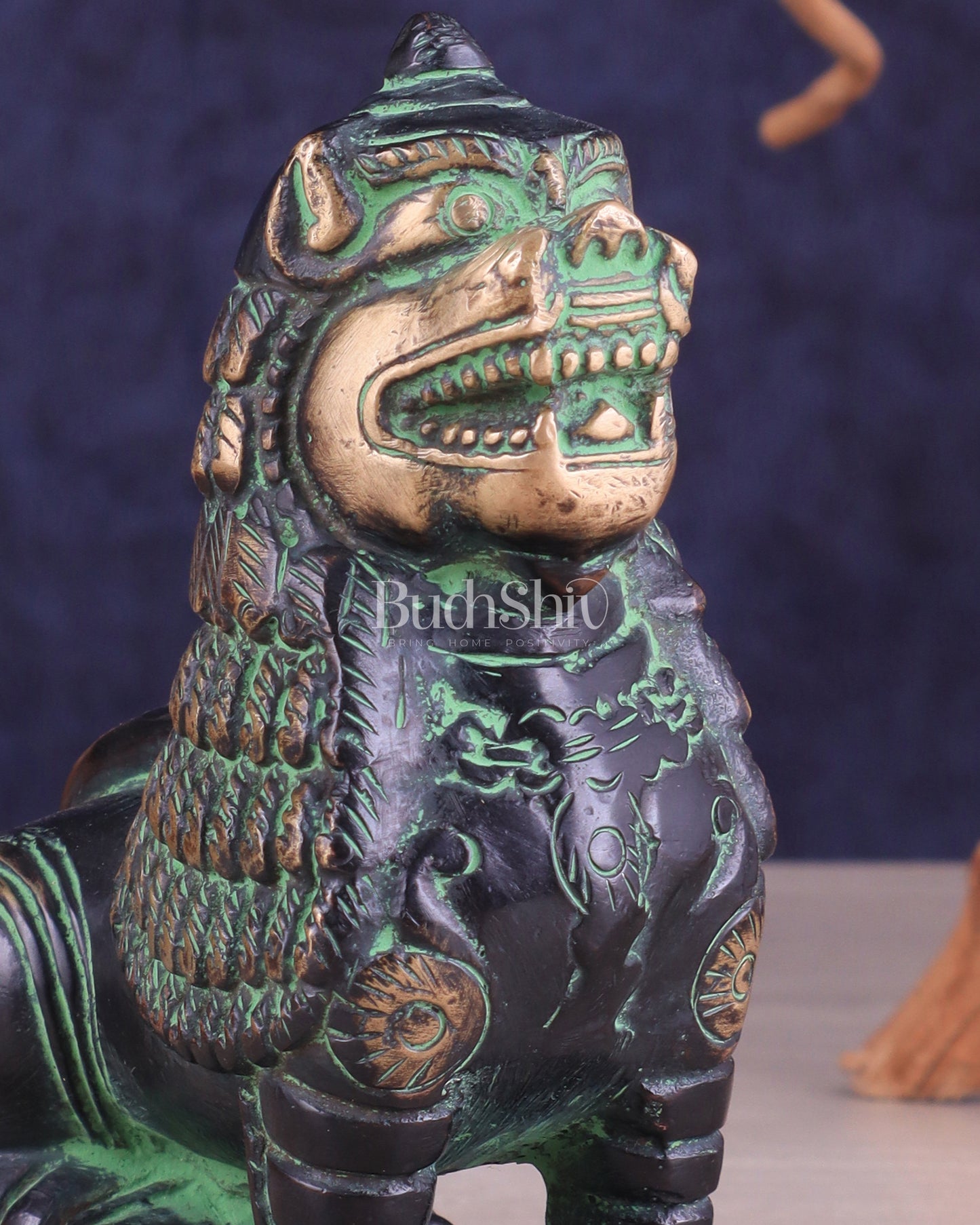 Brass Tibetan Snow Lion Showpiece – black and green tone