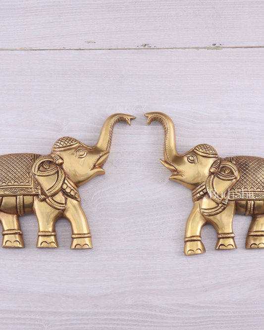 Brass Wall Hanging Elephants with Trunk Up – Pair | Elegant Home Décor 8.5"