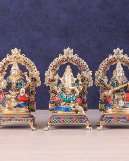 Pure Brass Ganesha, Lakshmi, Saraswati Idol Set | Meenakari Stonework 8"