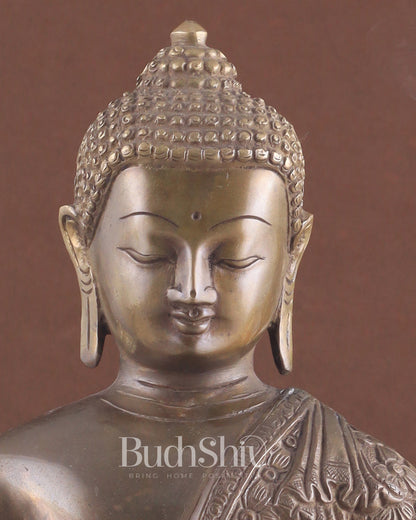 Pure Brass Antique Buddha Blessing Statue - 13.5" thick Copper tone