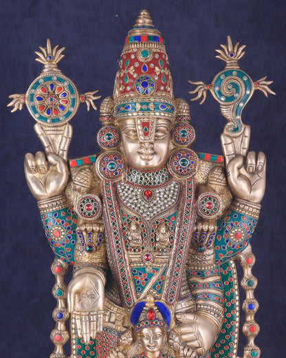 Pure Brass Lord Tirupati Balaji Statue with Goddess Padmavathi Engraved - 34.5 Inch meenakari