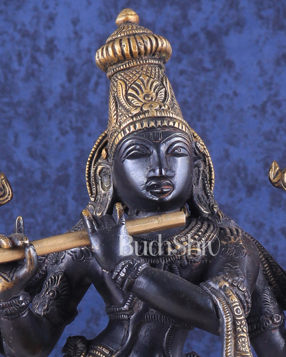 Pure Brass Krishna Roopam Vishnu Sculpture - black and gold Finish | 12"