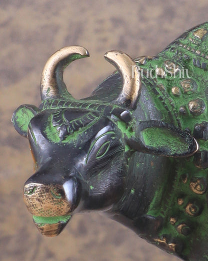 Pure Brass Kamadhenu Cow with Calf Statue – Black and Green Tone