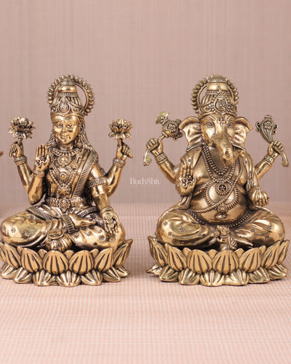 Intricate Ganesha and Lakshmi Superfine Brass Idols with Clear Detailing 6"