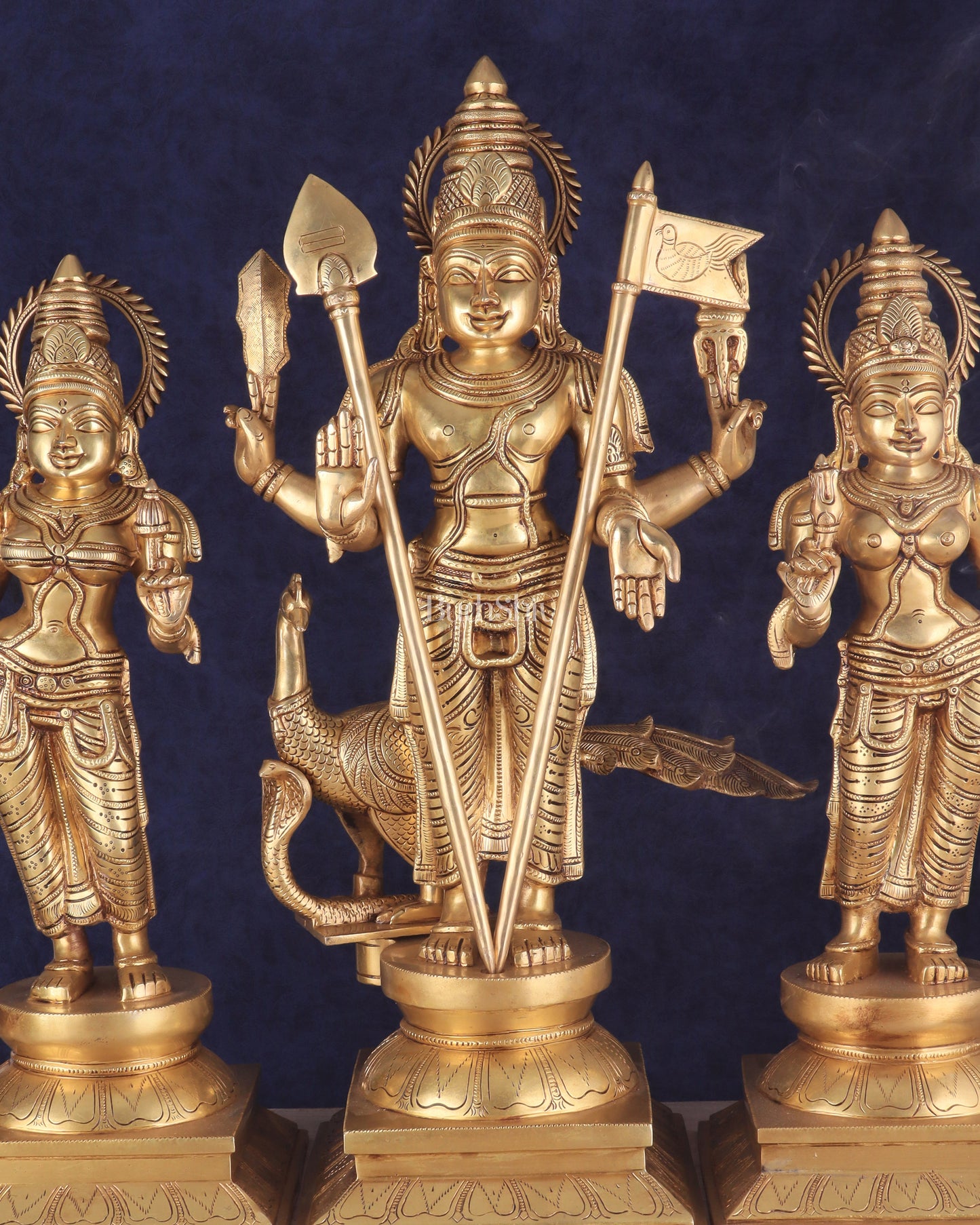 Pure Brass Large Murugan Statue with Valli and Devayani | Divine Trio 25"