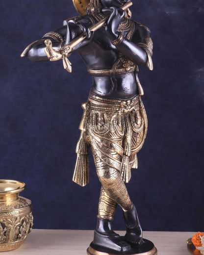 Pure Brass Lord Krishna Statue - Black & Gold Finish, 23 Inches