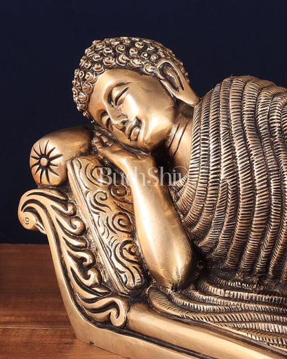 Unique Brass Sleeping Buddha Statue – 7" x 16.5" x 5" | Auspicious & Calming Decor