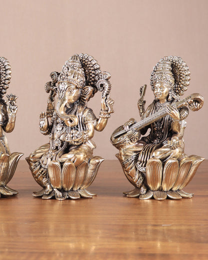 Superfine Brass Ganesh Lakshmi Saraswati Idols - 6" Tall, Set of 3