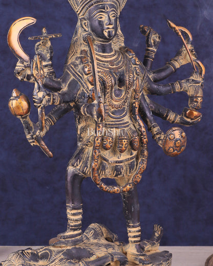 Pure Brass Vintage Goddess Kali Dashbhuja Idol | 10.5"