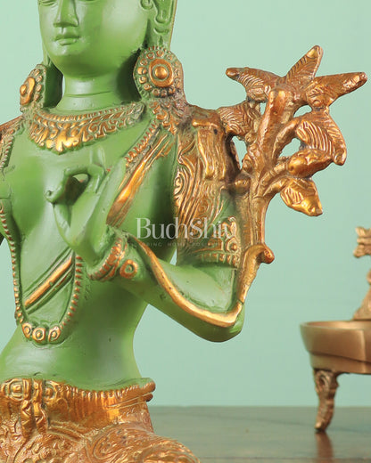 Pure Brass Green Tara Statue with Antique Sand Finish Henna Touch 10.5"