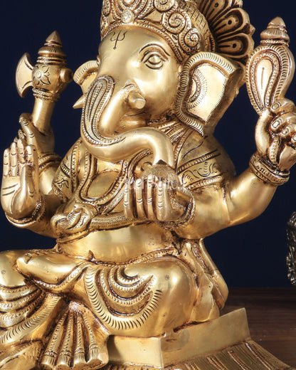 Pure Brass Lord Ganesha Unique Statue with Fine Carvings 11.5"