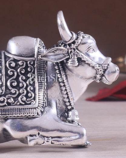 Brass Superfine Miniature Nandi Idol - 4" silver plated