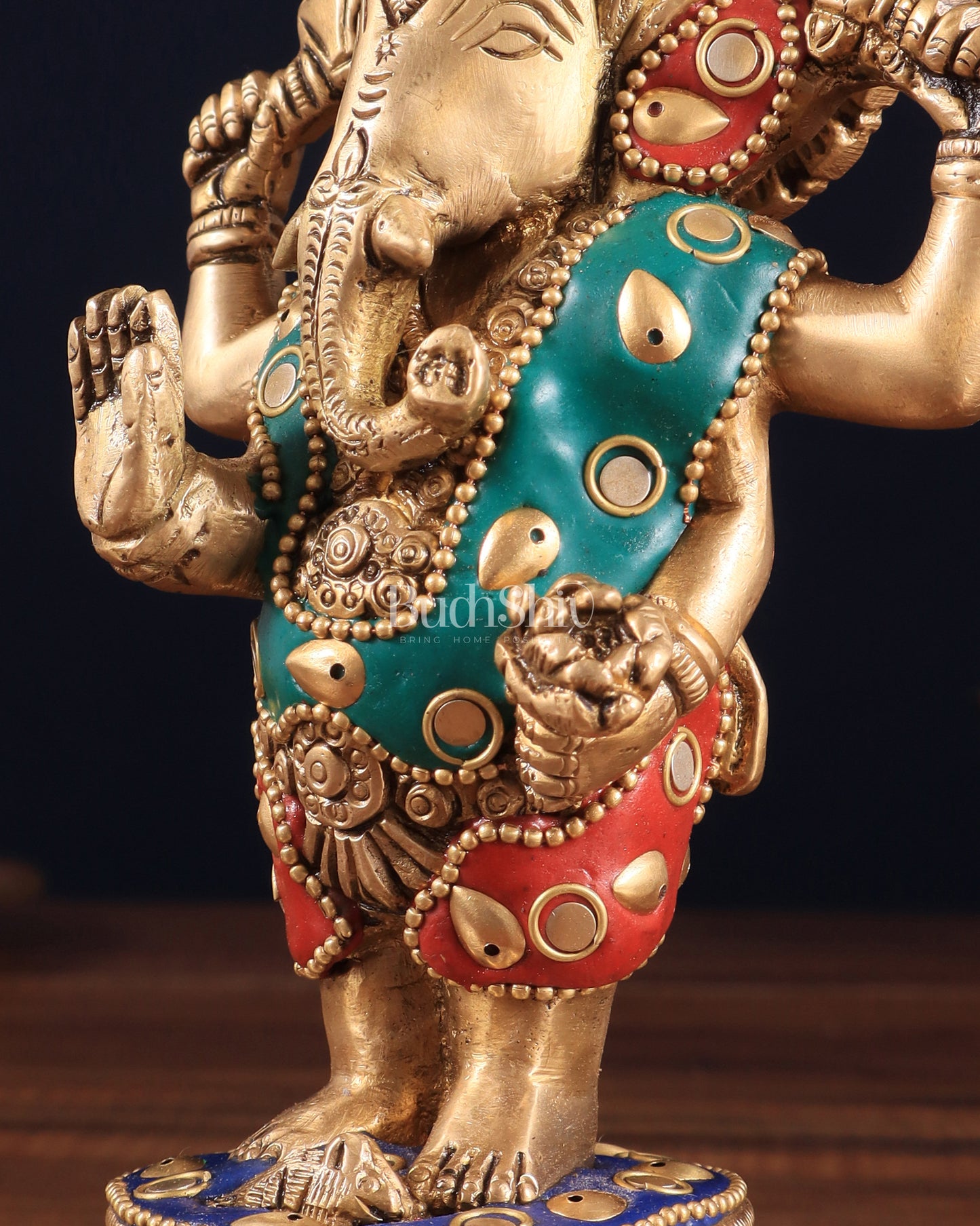 Brass Standing Ganesha Idol | Height 6.5 inch with stonework