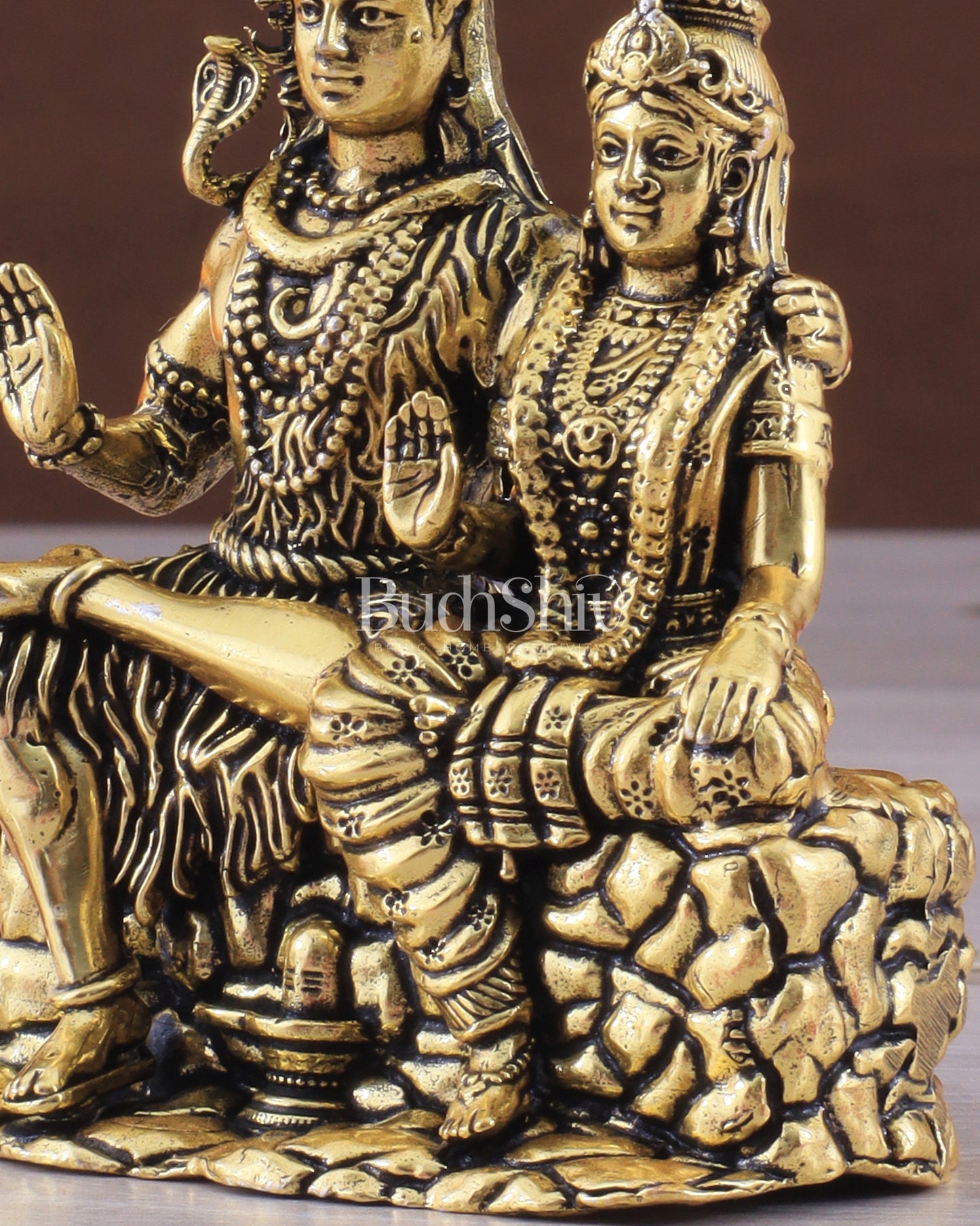 Pure Brass Superfine Intricate Shiv Parvati Idol - 5" Tall golden tone