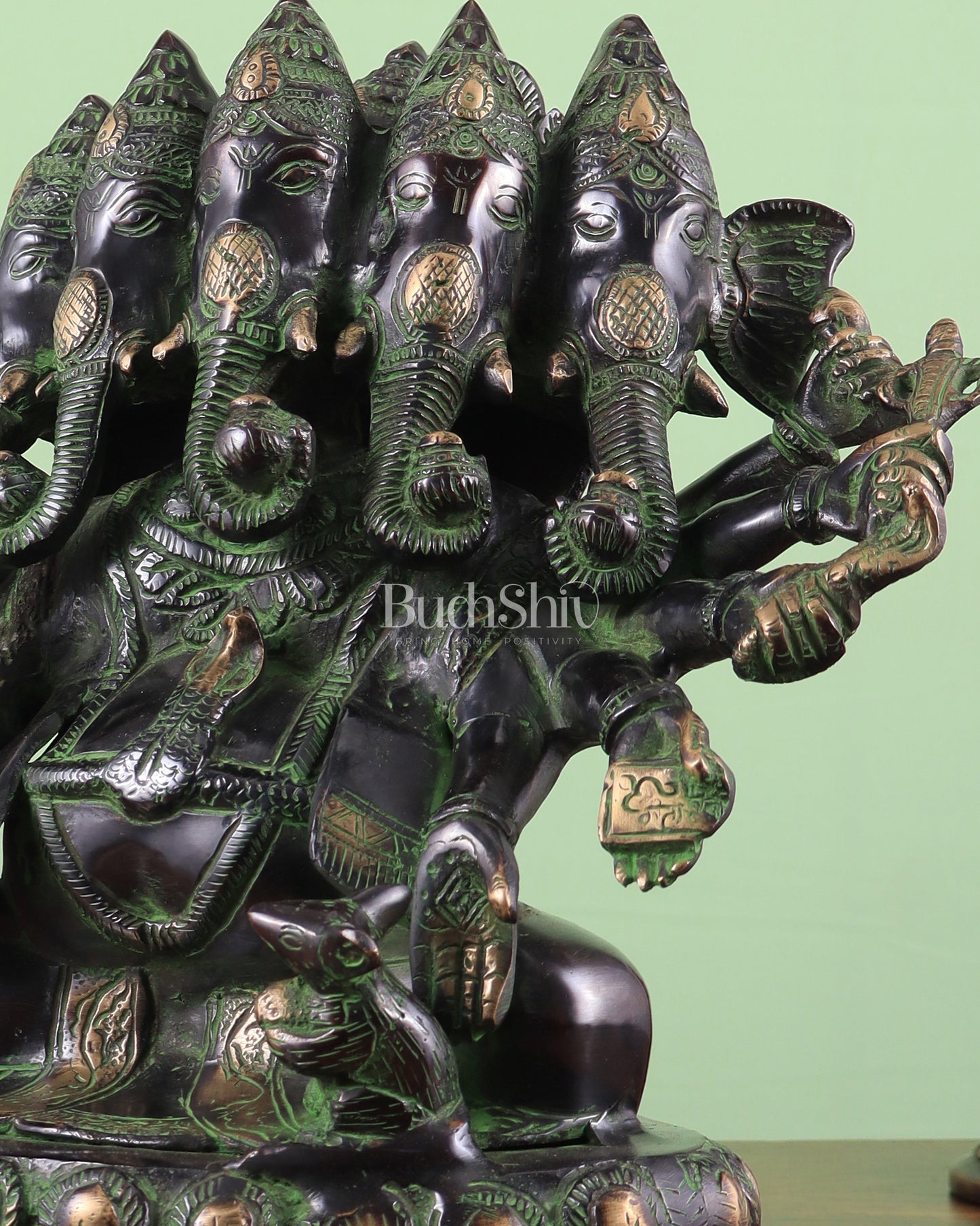 Pure Brass Large Panchmukhi Ganesha Statue - Black Green tone , 13"