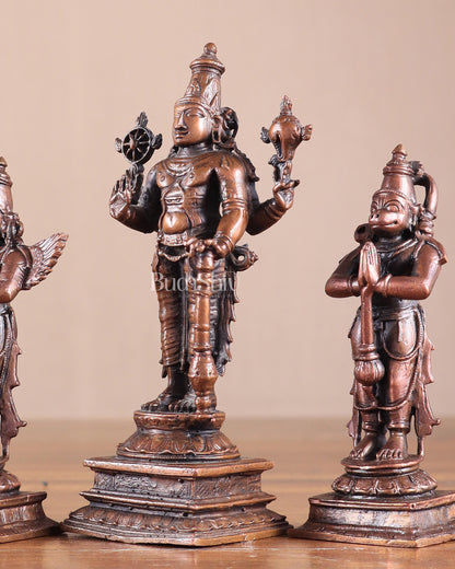 Pure Copper Lord Vishnu with Hanuman & Garuda Idol Set 5.5"