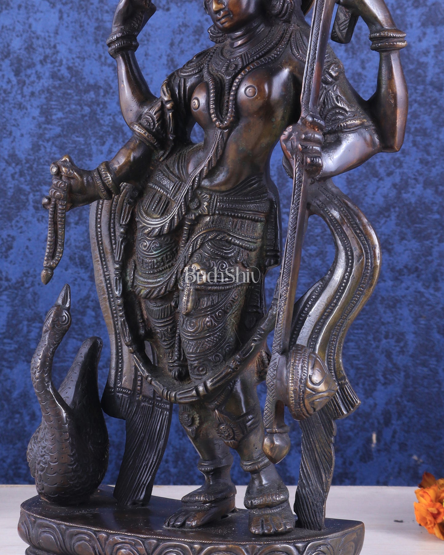 Brass Standing Saraswati with Swan Idol – Antique Bronze Tone 15 inch