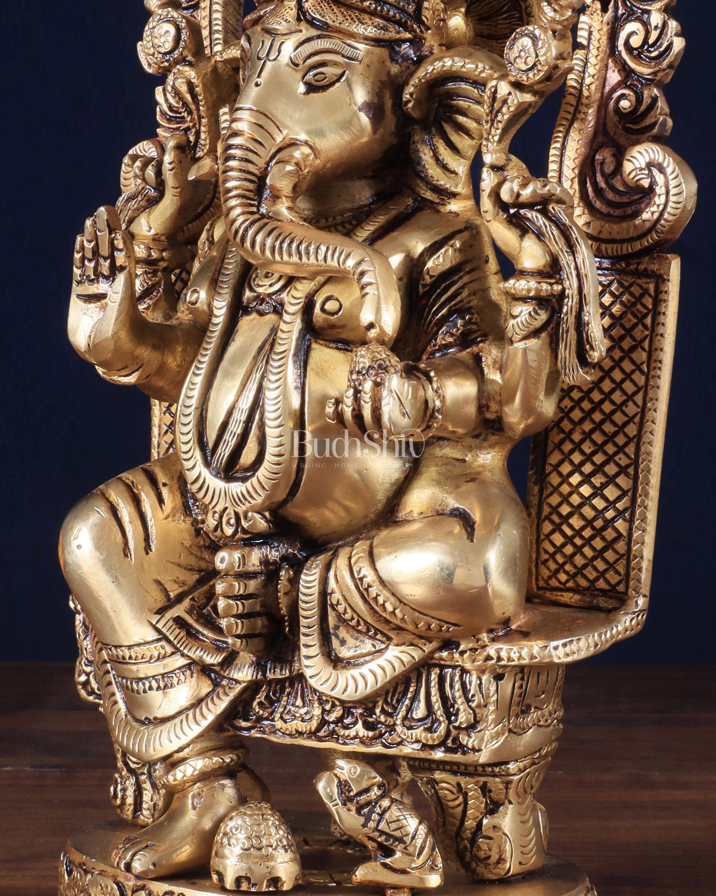 Pure Brass Lord Ganesha Seated on a Throne Statue 10"