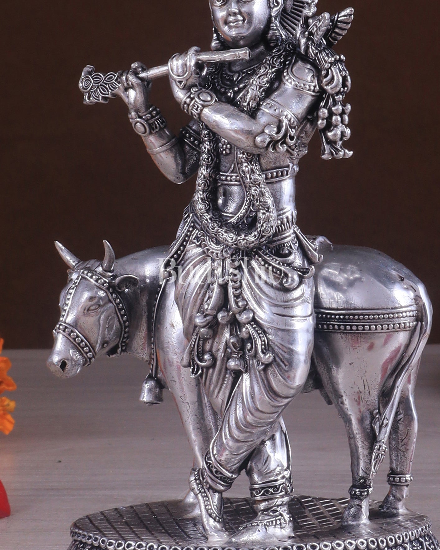 Superfine Brass Intricate Krishna with Cow idol - 7" silver plated