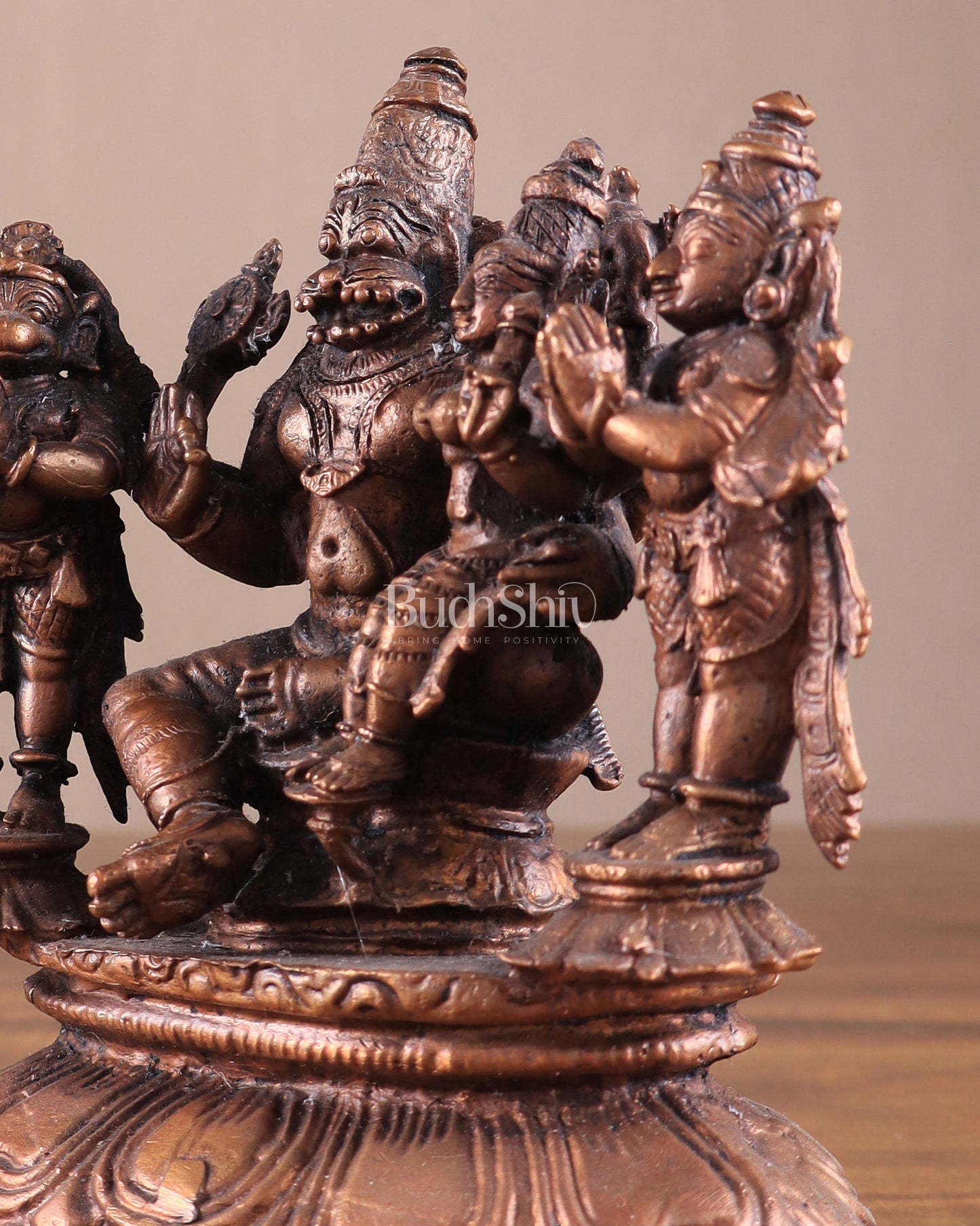 Pure Copper Lakshmi Narasimha Idol with Sheshanaag, Hanuman & Garuda – 6 Inch