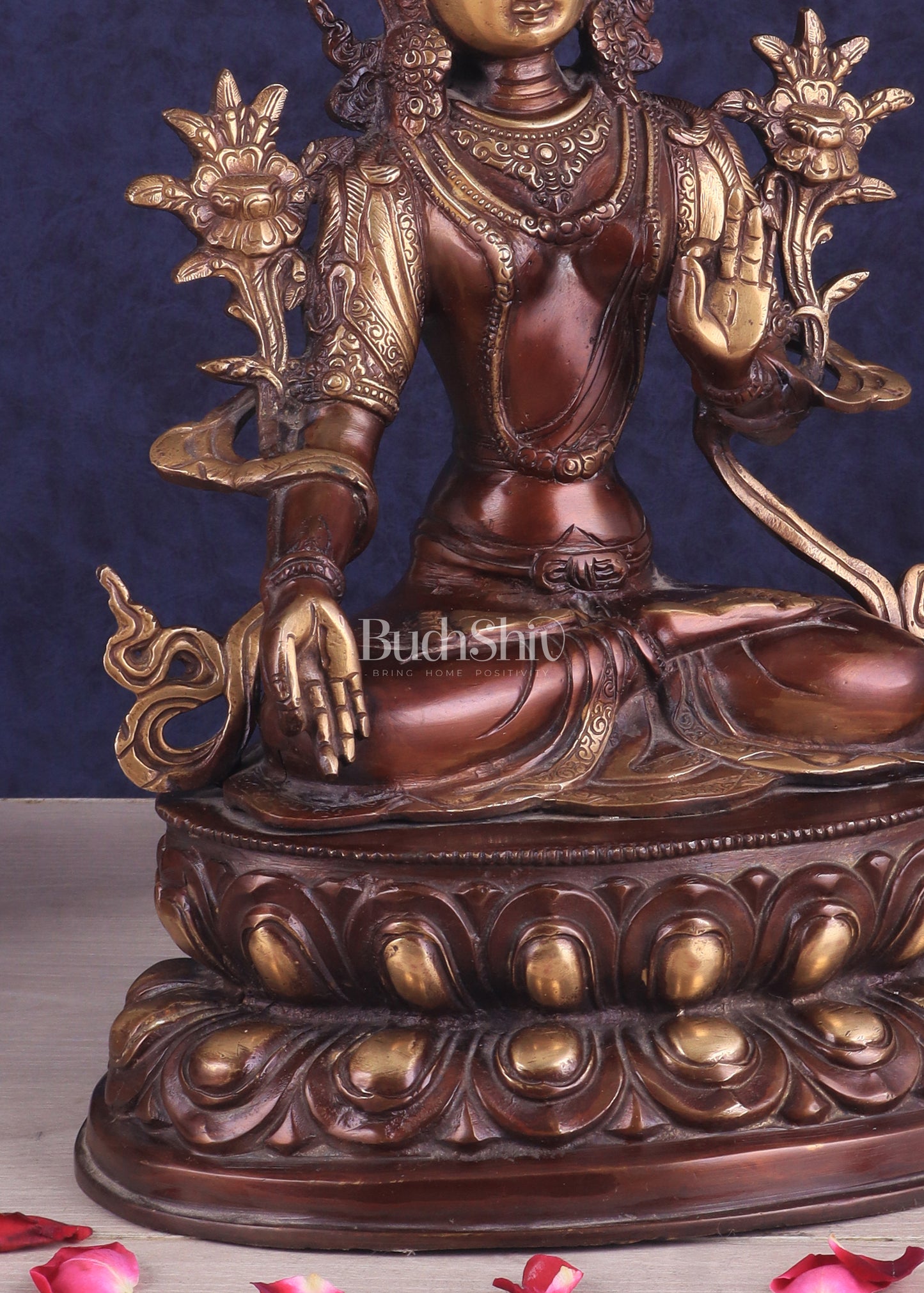 Pure Brass Tibetan White Tara Idol – Copper Gold Finish | 14 Inch