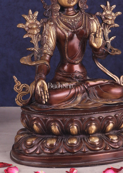 Pure Brass Tibetan White Tara Idol – Copper Gold Finish | 14 Inch