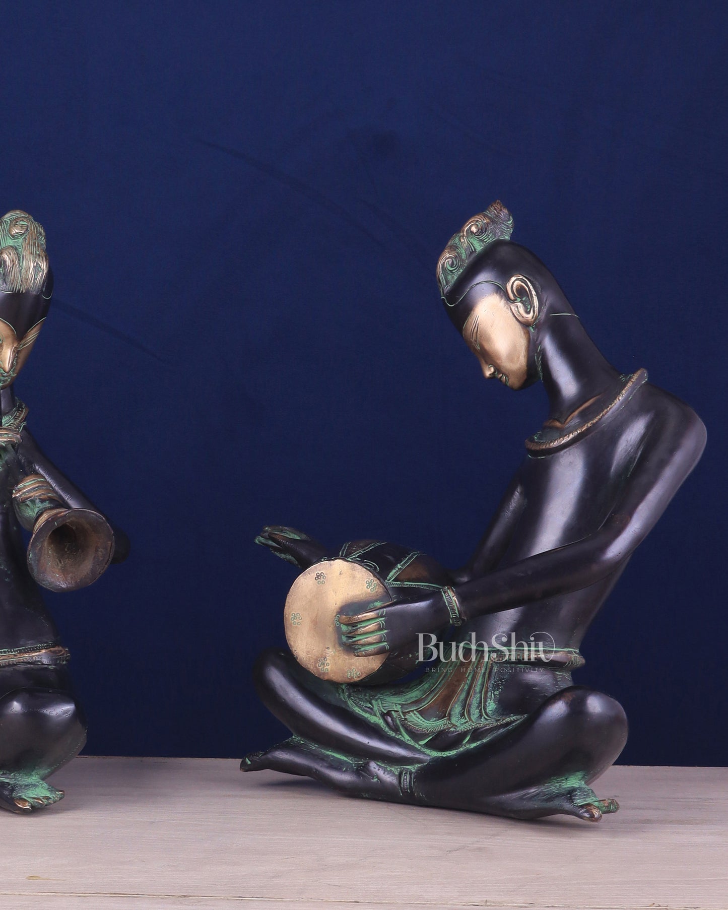 Brass Tribal Musician Pair - Shehnai and Dholak Players - Handcrafted Showpieces