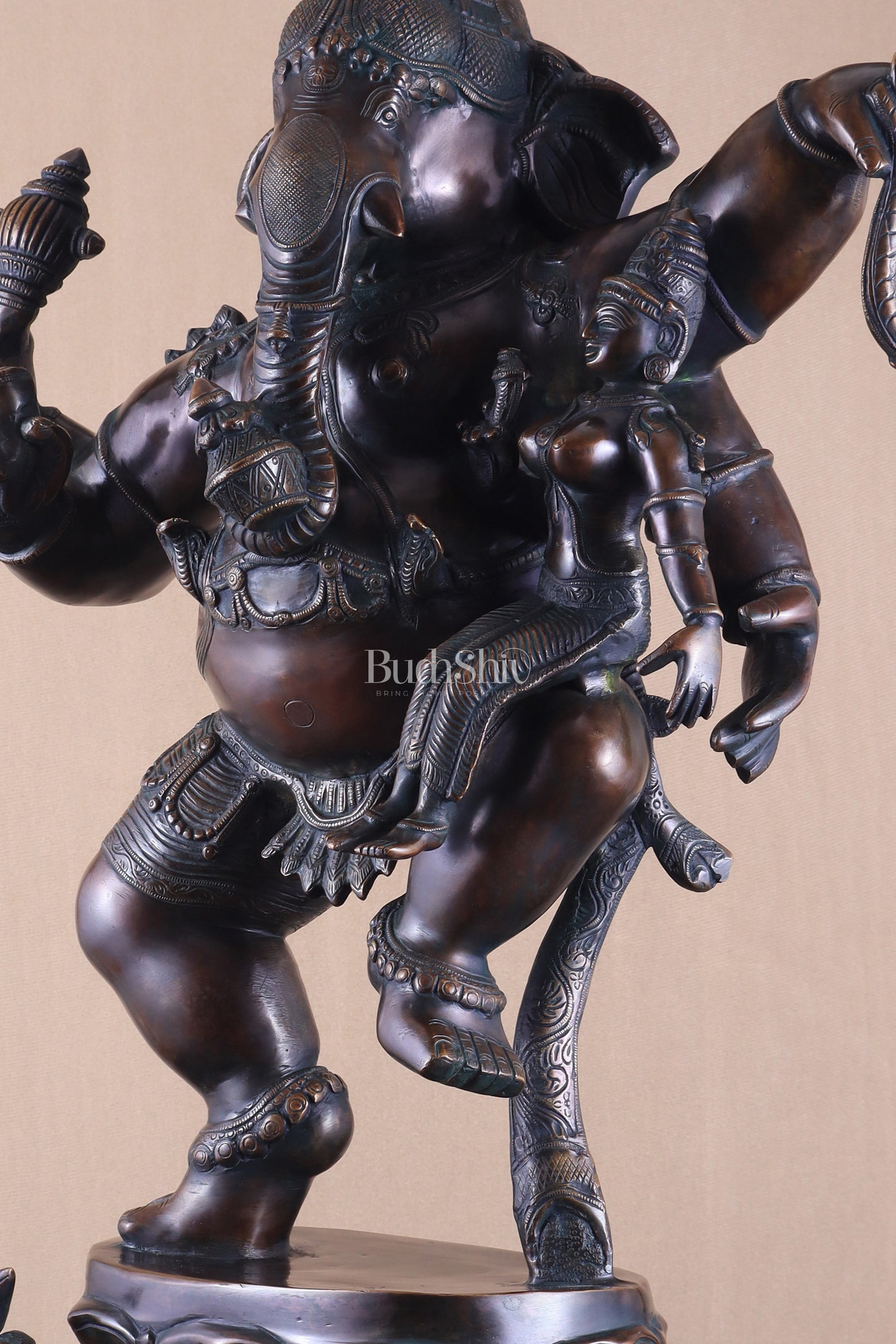 Pure Brass Dancing Ganesha with Siddhi on Lap – Maha Ganapati Chola Style Sculpture 29"