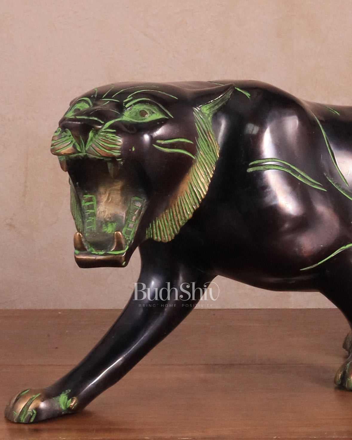 Pure Brass Vintage Large Tiger Statue showpiece - 20"x7.5"x6", Vastu Approved