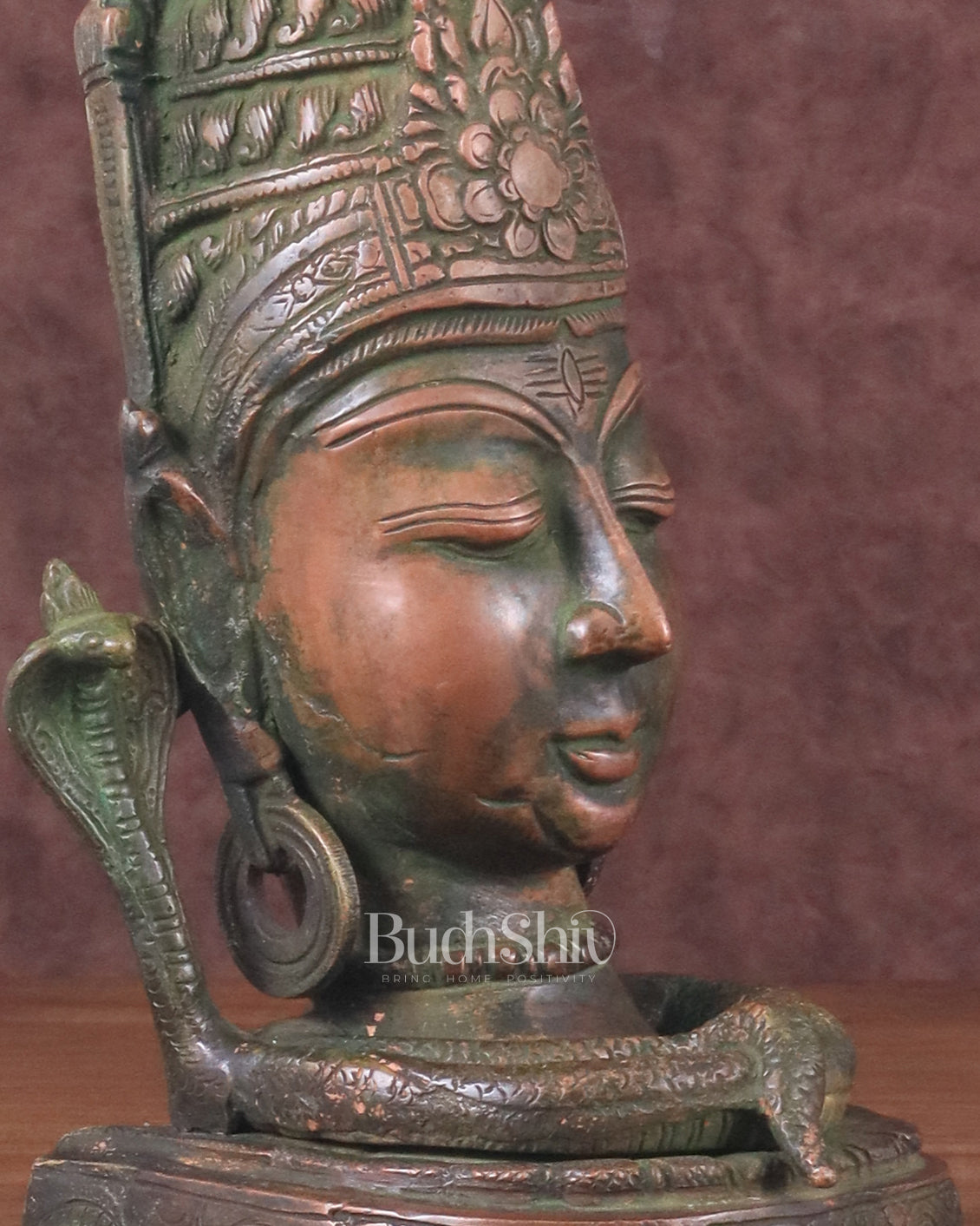 Brass Lord Shiva Face Bust Statue - Vintage Green Finish, 9"