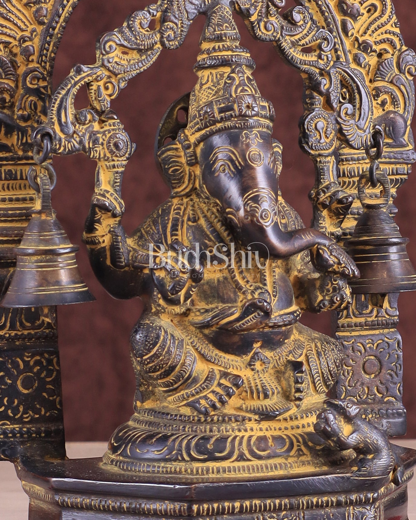 Unique Brass Lord Ganesha Idol with Bells – Henna Vintage Patina 9"