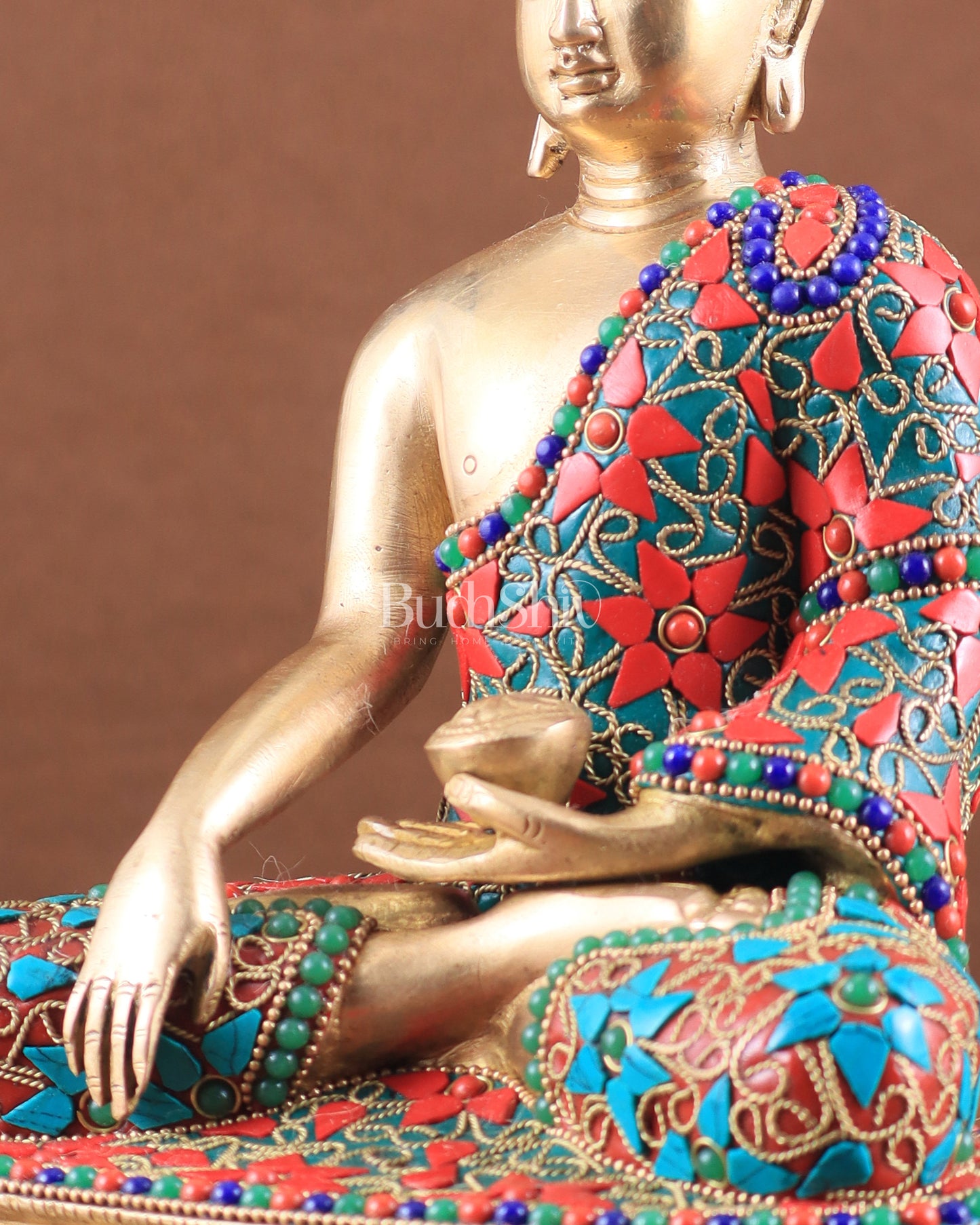 Pure Brass colourful Buddha Statue with Hand Down - 9.5" stonework