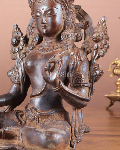 Vintage Brass Green Tara Statue – 10.5" x 7" x 6" | Exclusive Tibetan Art