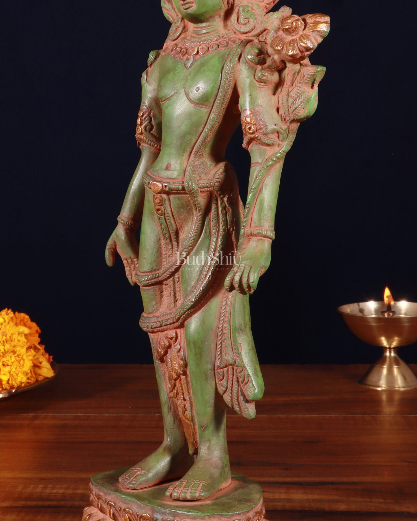 Pure Brass Standing Goddess Tara Statue – Antique Green Patina, 12 Inch