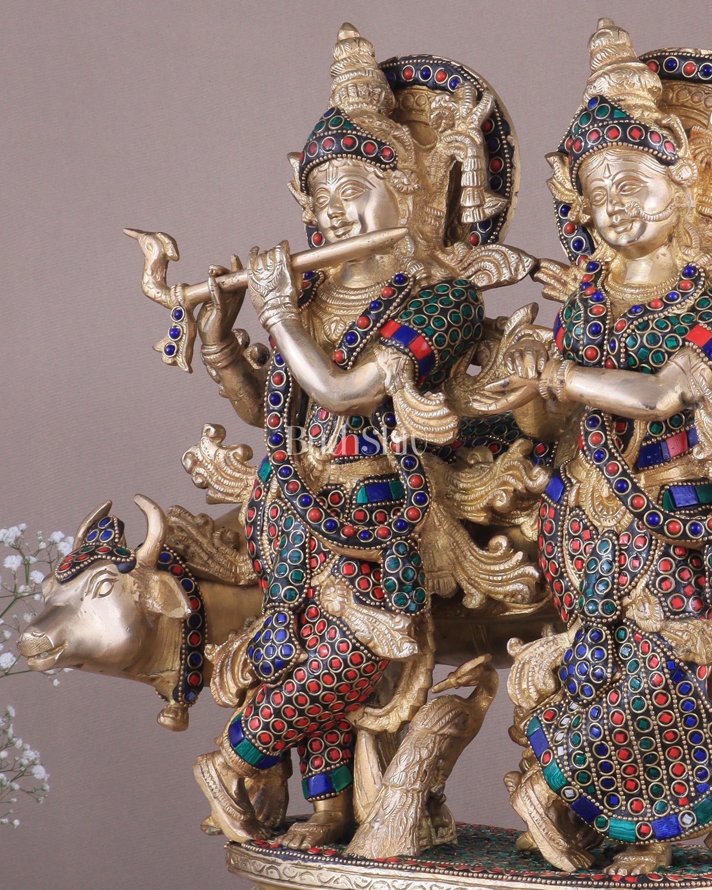 Brass Superfine Radha Krishna with Cow Idol - 16 Inch