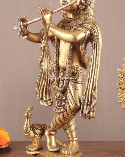 Lord Krishna Standing on a Lotus Base – Pure Brass Unique Sculpture 19"