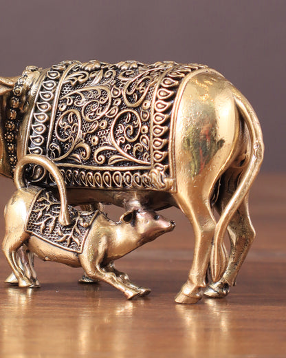 Pure Brass Kamdhenu Cow with Calf Idol - 3"