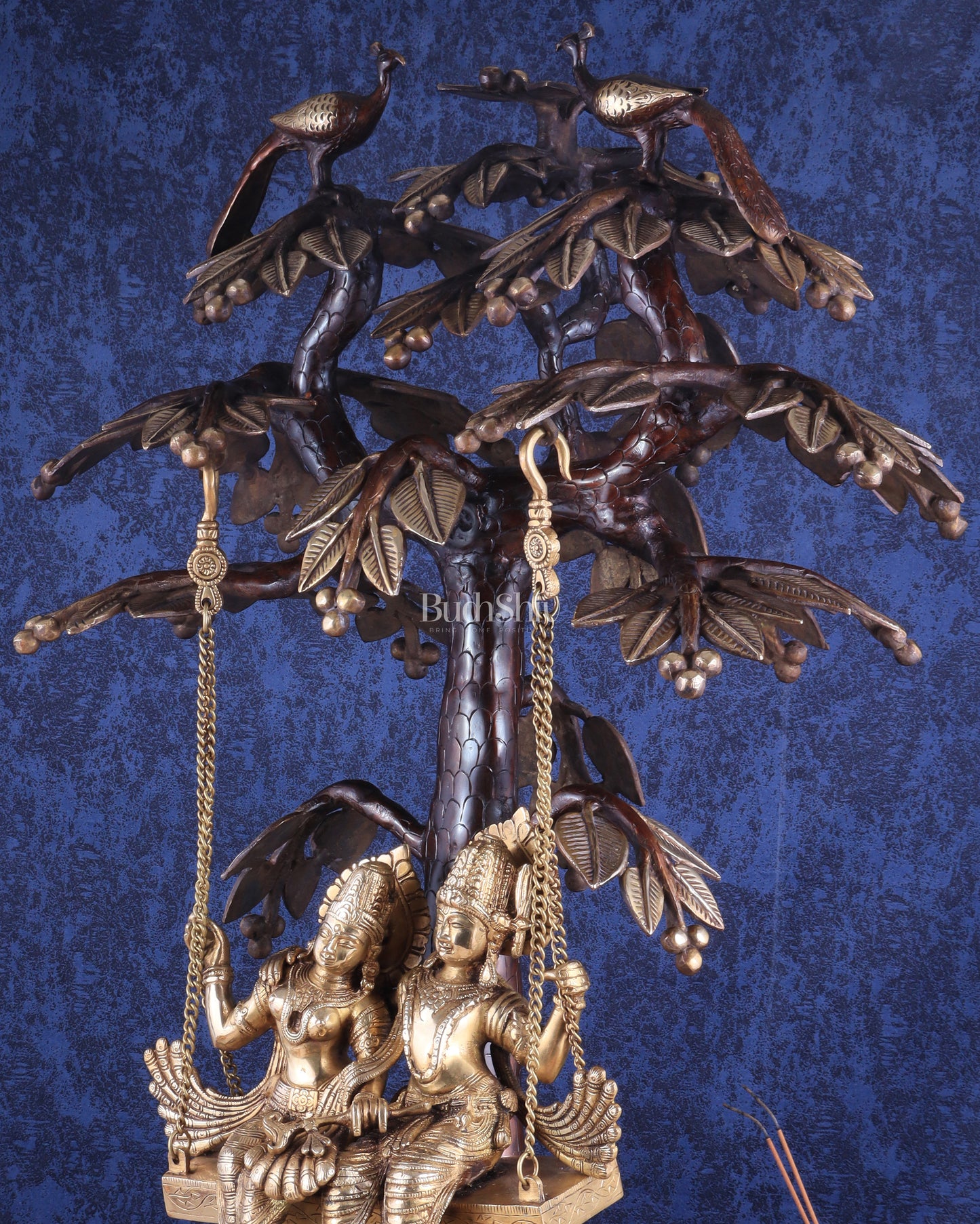 3-Foot Brass Radha Krishna Swing with Kalpavriksha and Peacock Motifs in Brown-Gold Finish