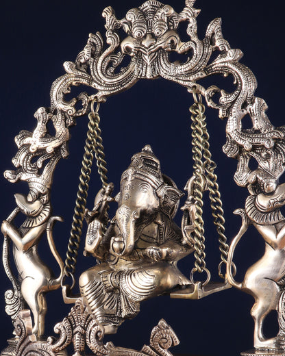 Pure Brass Large Lord Ganesha on a Swing Urli – Dual Tone Finish 20"