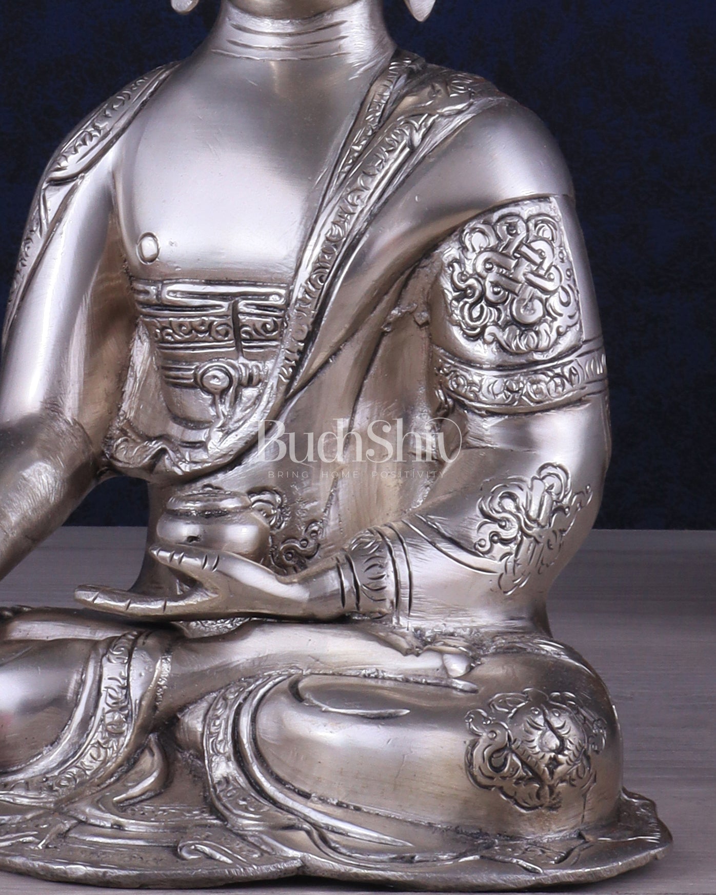 Brass Buddha Idol with Abhaya Mudra - 10 Inch silver plated