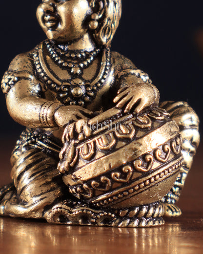 Brass Superfine Small Matki Krishna Makhanchor Idol Miniature | 2.7"