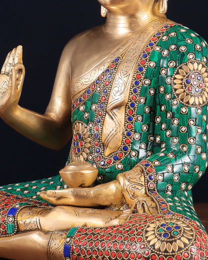 Pure Brass Buddha Statue in Abhaya Mudra with stonework 14 inch