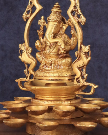 Pure Brass Unique Ganesha Statue with Diyas and Thiruvarchi Frame - 12"